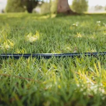 Mangueira DANFLOR no gramado, pronta para a irrigação