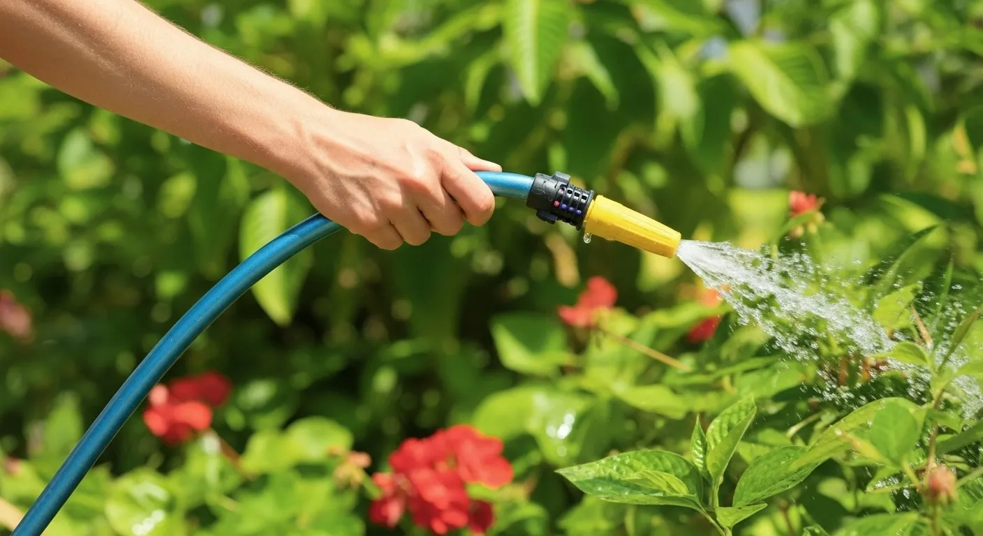 Mangueira RAEGO regando um jardim florido